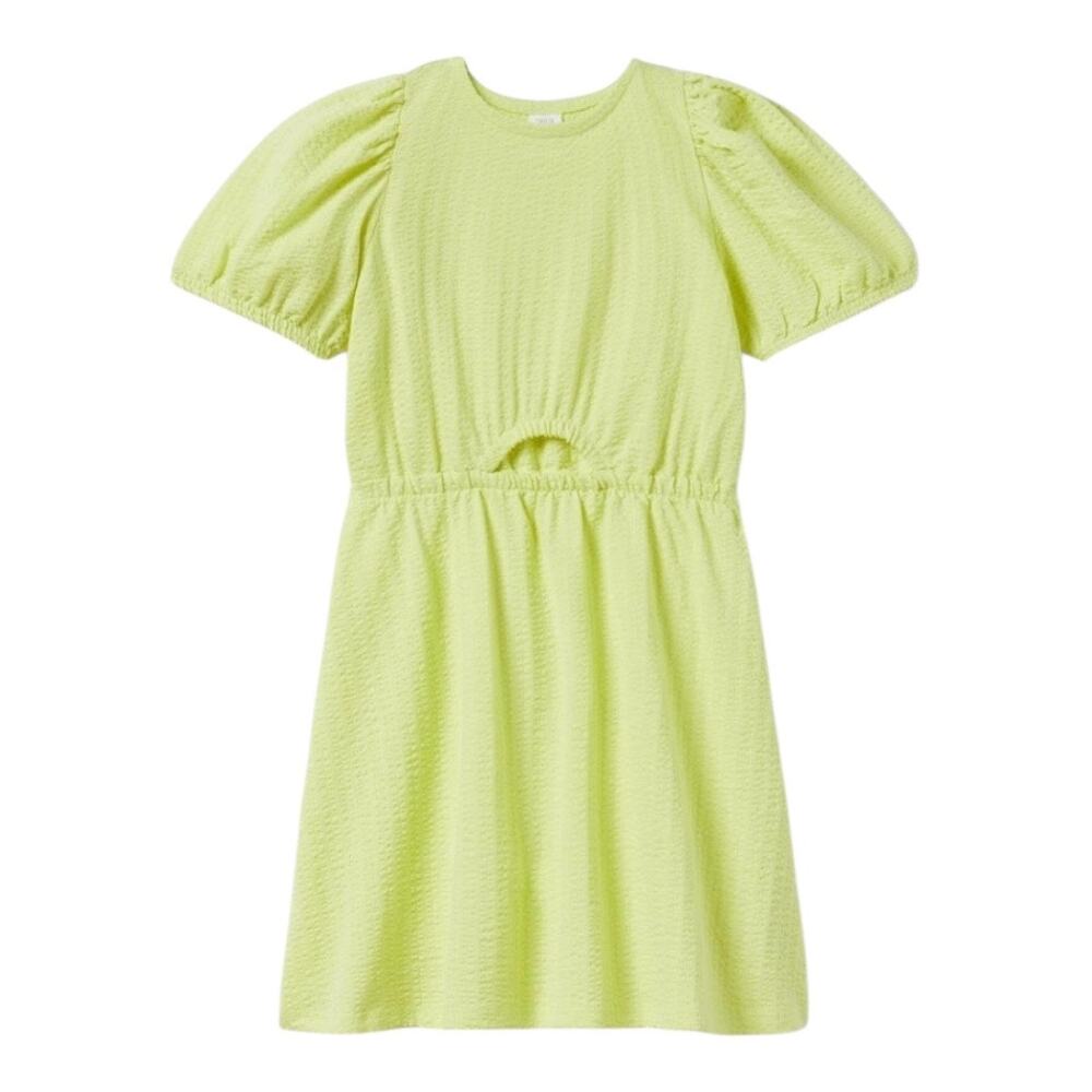 Zara Dress Girls 9 Neon Yellow Textured Cut-Out Puff Sleeve Summer Mini